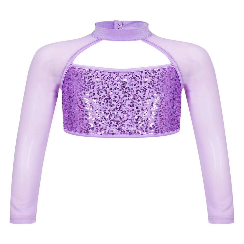 Shinsto Kids Girls Sequins Crop Tops Long Sleeve Mock Neck Jazz Hip Hop Ballet Dance Tops Dancewear Purple 16 Years