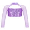 Shinsto Kids Girls Sequins Crop Tops Long Sleeve Mock Neck Jazz Hip Hop Ballet Dance Tops Dancewear Purple 16 Years view 1