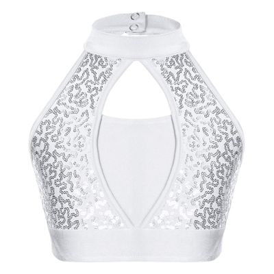 Lorilida Youth Girls Metallic High Neck Dance Crop Tops Glittery Athletic Tank Tops Gym Ballet Performance Costumes White 6 Years