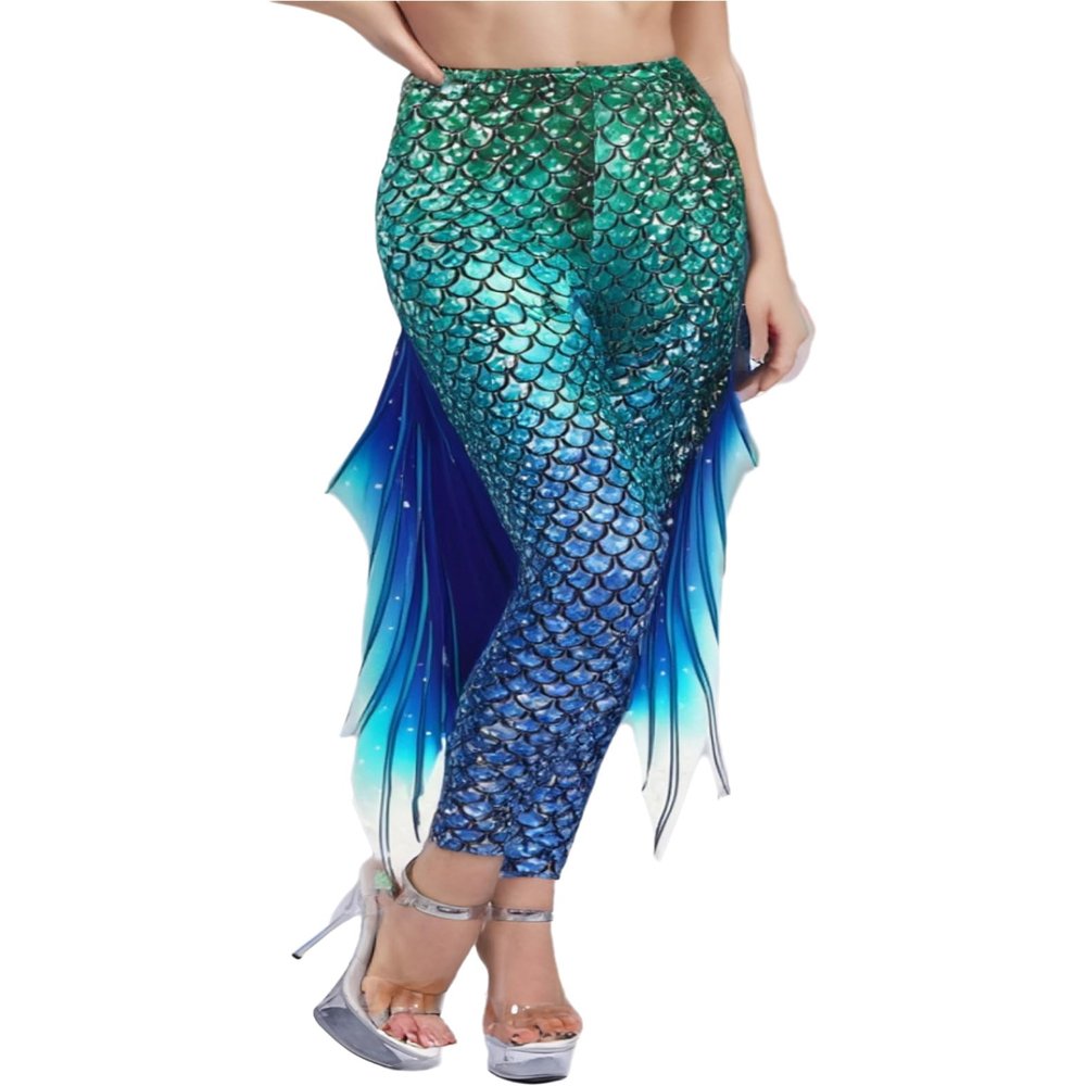 Miutii Women's Mermaid Cosplay Yoga Pants Fish Scales 3D Printed Bottoms Leggings Tight Costume GreenBlue Large
