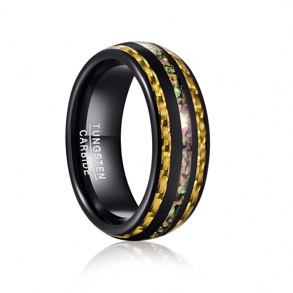 8 mm Tungsten Carbide Steel Ring Black Yellow Carbon Fiber and Opal Wedding Rings for Men Gift Jewelry