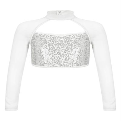 Shinsto Kids Girls Sequins Crop Tops Long Sleeve Mock Neck Jazz Hip Hop Ballet Dance Tops Dancewear Silver 8 Years