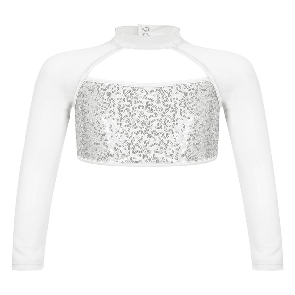 Shinsto Kids Girls Sequins Crop Tops Long Sleeve Mock Neck Jazz Hip Hop Ballet Dance Tops Dancewear Silver 8 Years