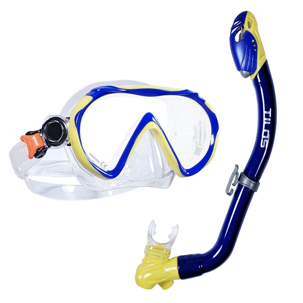 Tilos Jovie Mask with S.O.S Whistle Dry Snorkel Jr. Set (Blue/Yellow)