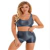 Alvivi Women's Sleeveless Crop Tops Short Leggings 2Pieces Yoga Workout Set Glossy Stretchy Swimsuits Grey Large
