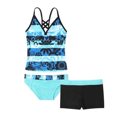 Alvivi Kids Girls 3 Pieces Tankini Swimsuit Floral Halter Tank Top + Swimming Trunks + Brief Bathing Suit Blue 10-12 Years