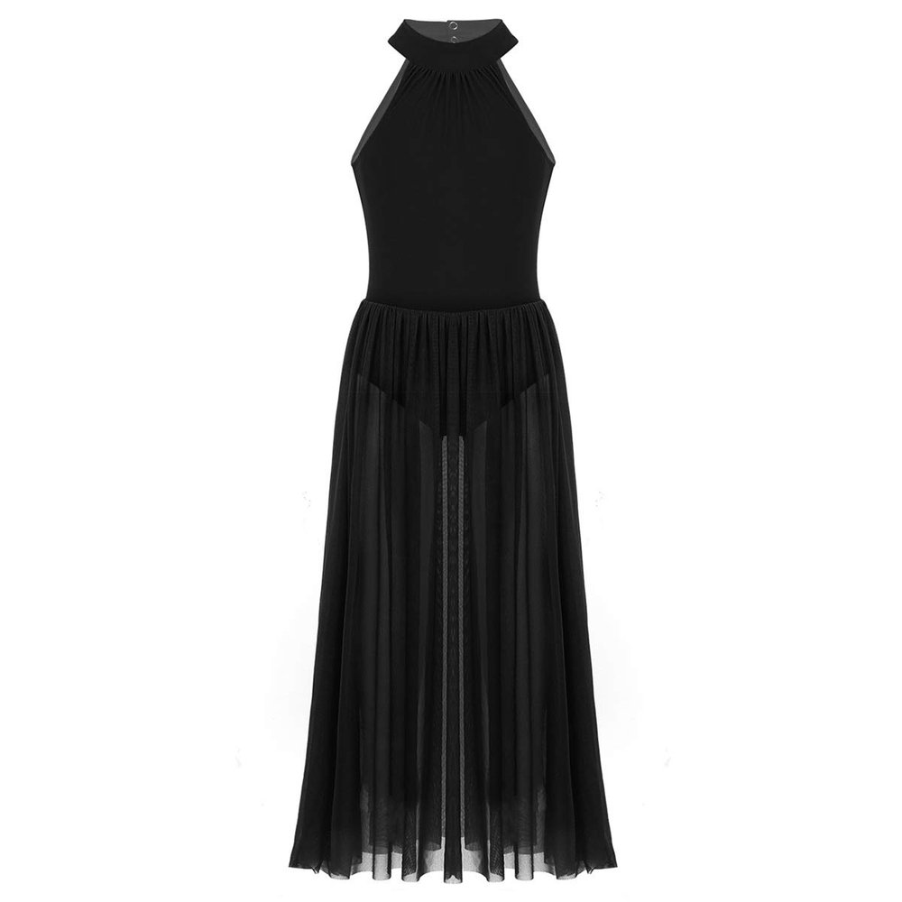 Alvivi Big Girls Mock-Neck Leotard Lyrical Dance Dress Sheer Modern Contemporary Costumes Black 10-12 Years
