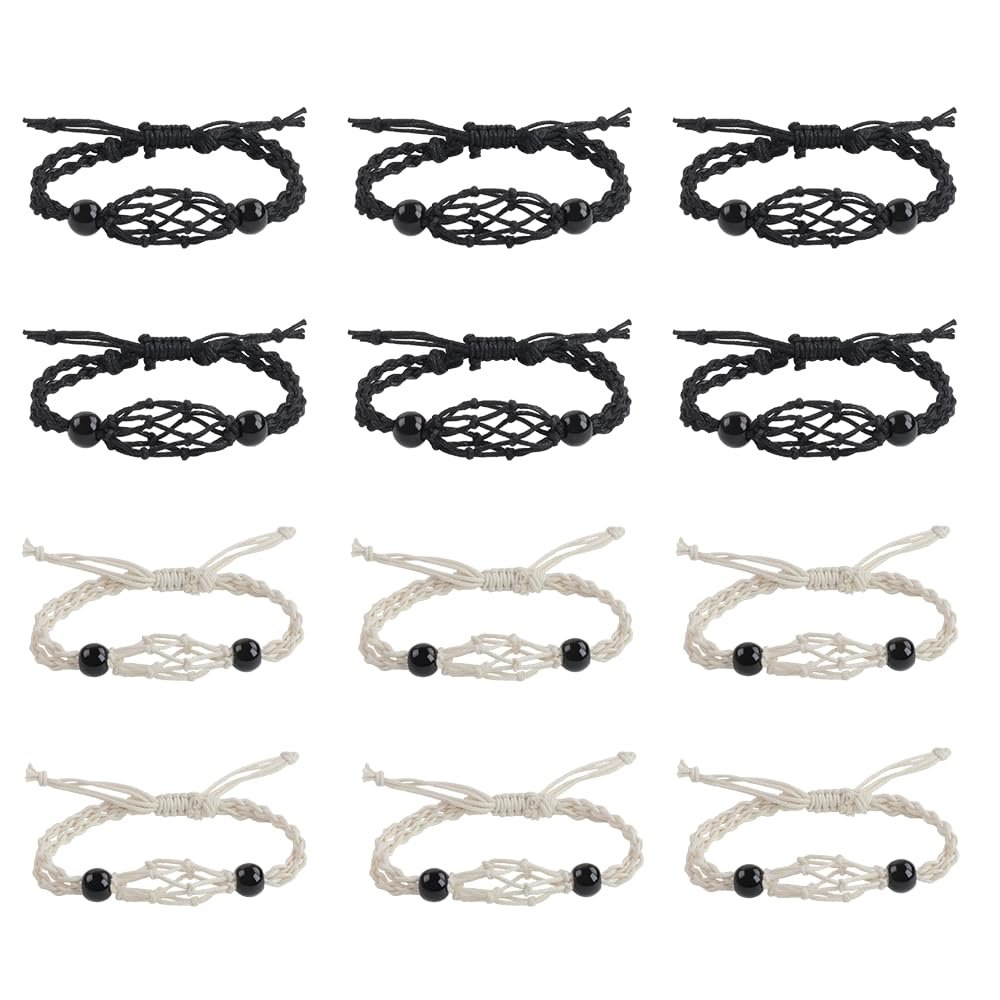 Anjiucc 12 PCS Crystal Cage Bracelet Holder Bracelet Cord Empty Stone Holder Replacement Bracelet Cord with Adjustable for DIY Bracelet Making(6pcs Black+6pcs Beige)