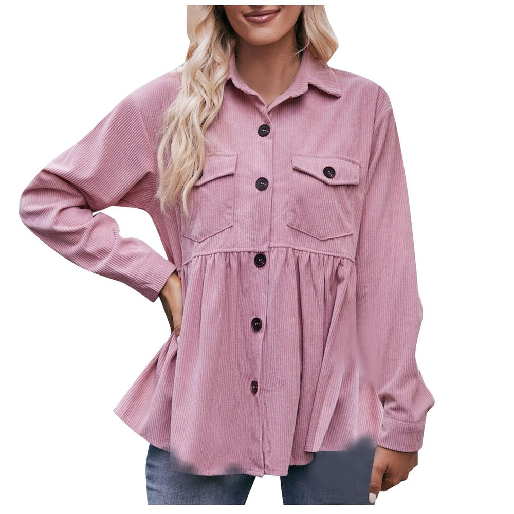 Women Corduroy Shirts Casual Oversized Button Down Shacket Jacket Long Sleeve Boyfriend Plus Size Blouse Pocket Tops