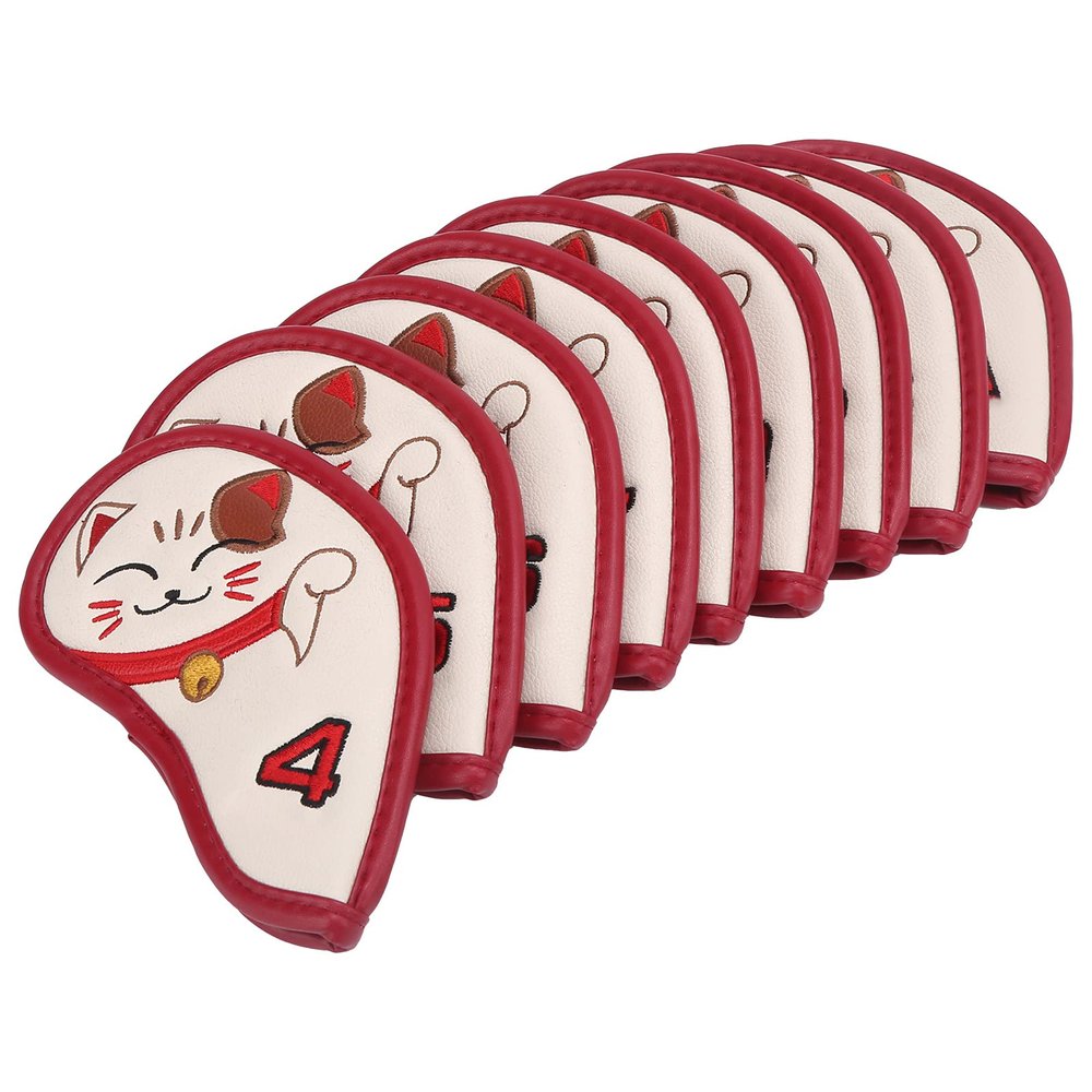 9pcs Golf Iron Head Covers Set,Lucky Cat Golf Iron Cover,Lovely Red Durable PU Golf Iron Head Covers Headcover Fortune Cat Embroidered Fit All Brands