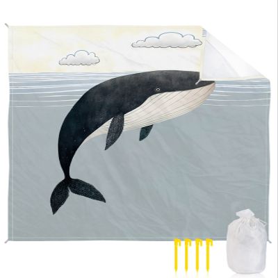 Gsypo Beach Blanket Waterproof Sandproof 95x80, Summer Grey Ocean with Black Whale and Cloud Oversized Beach Mat with 4 Corner Sand Pocket & 4 Stakes, Outdoor Picnic Mat for Camping Travel