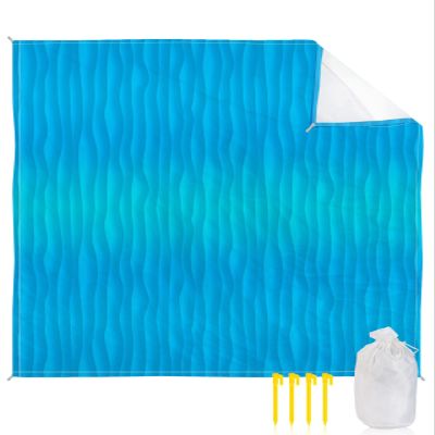 Gsypo Beach Blanket Waterproof Sandproof 118x108, Summer Abstract Geometric Gradient Blue Ocean Wave Oversized Beach Mat with 4 Corner Sand Pocket & 4 Stakes, Outdoor Picnic Mat for Camping Travel