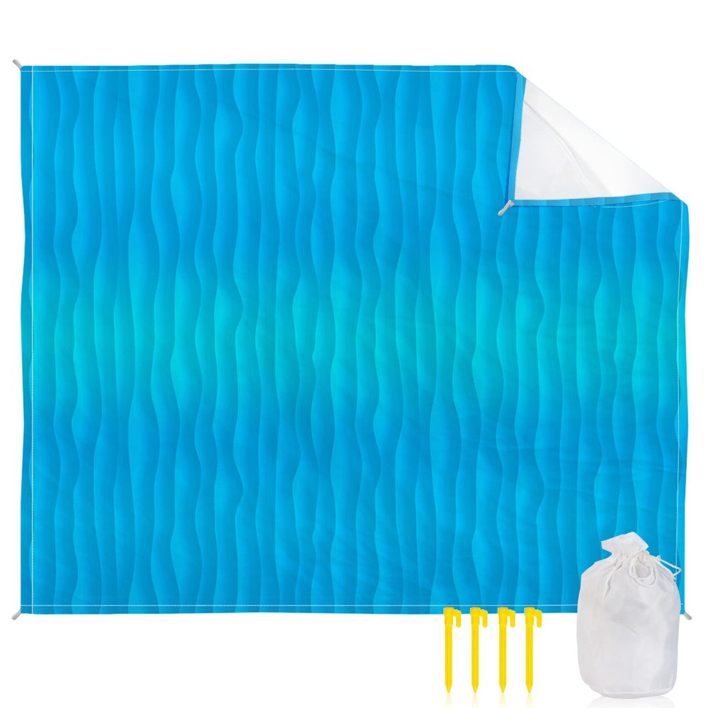 Gsypo Beach Blanket Waterproof Sandproof 118x108, Summer Abstract Geometric Gradient Blue Ocean Wave Oversized Beach Mat with 4 Corner Sand Pocket & 4 Stakes, Outdoor Picnic Mat for Camping Travel