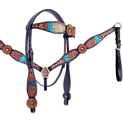 Western Headstall Breast Collar Reins Set Leather Hand Carved Tooled Equestrian Trail Horse Saddle Tack Set Full Cob Pony ST-HTS-017 (Pony)