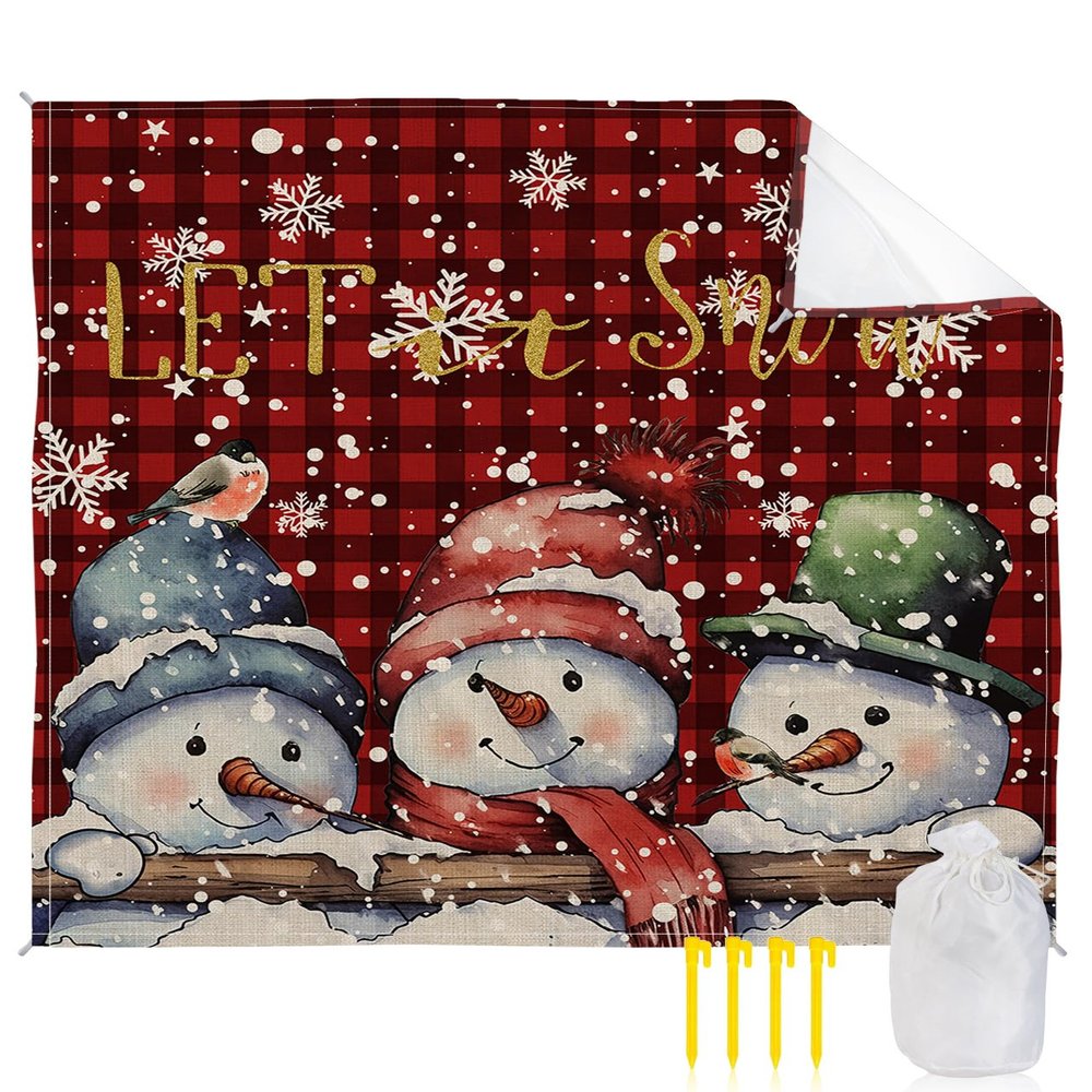 Gsypo Beach Blanket Waterproof Sandproof 118x108, Christmas Cute Snowman Red Buffalo Plaid Oversized Beach Mat with 4 Corner Sand Pocket & 4 Stakes, Outdoor Picnic Mat for Camping Travel