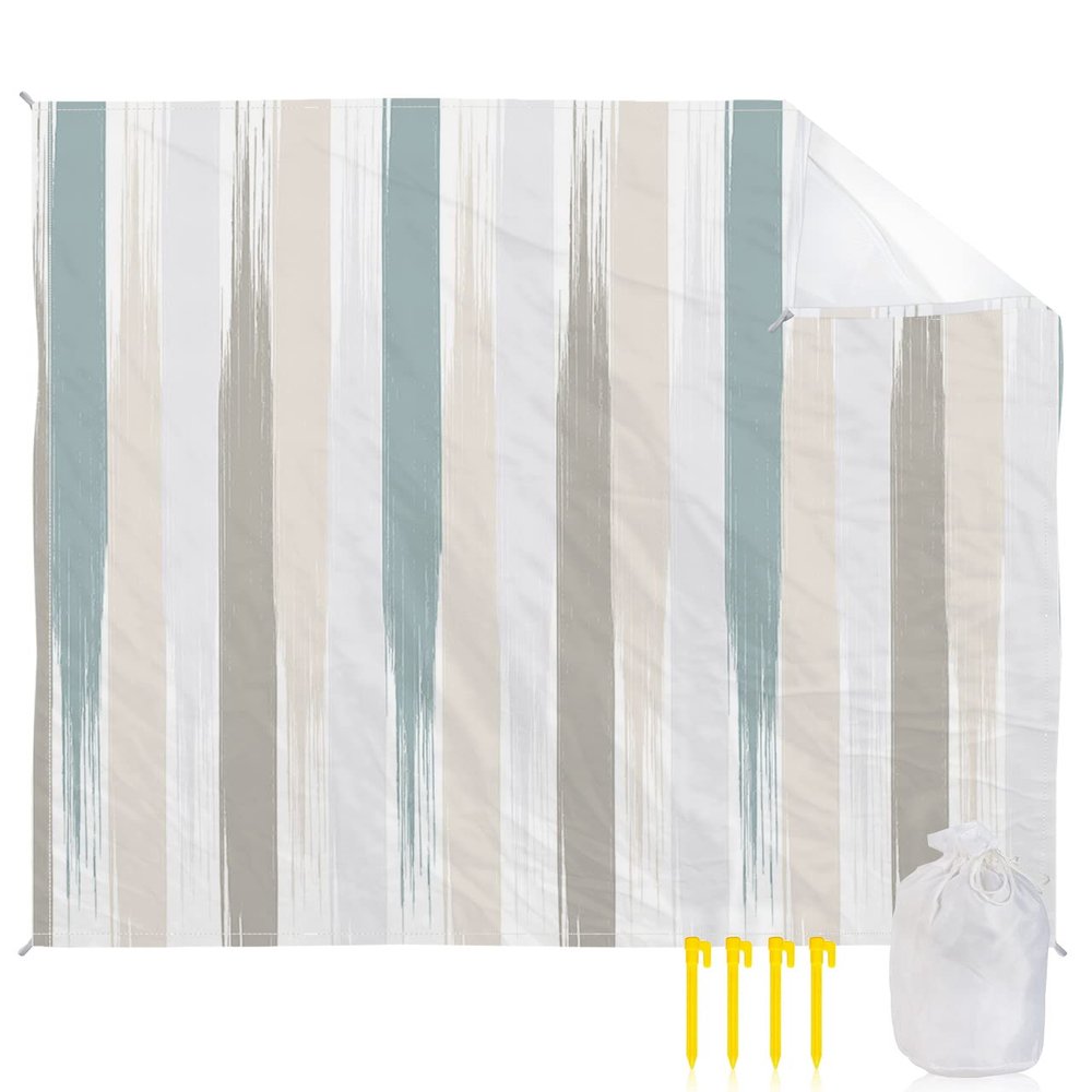Gsypo Beach Blanket Waterproof Sandproof 84x80, Abstract Geometric Graffiti Gray White Blue Oversized Beach Mat with 4 Corner Sand Pocket & 4 Stakes, Outdoor Picnic Mat for Camping Travel