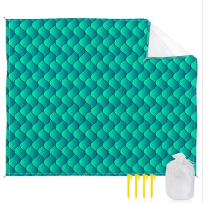 Beach Blanket Waterproof Sandproof 95x80, Summer Abstract Geometric Gradient Aqua Green Ocean Wave Oversized Beach Mat with 4 Corner Sand Pocket & 4 Stakes, Outdoor Picnic Mat for Camping Travel