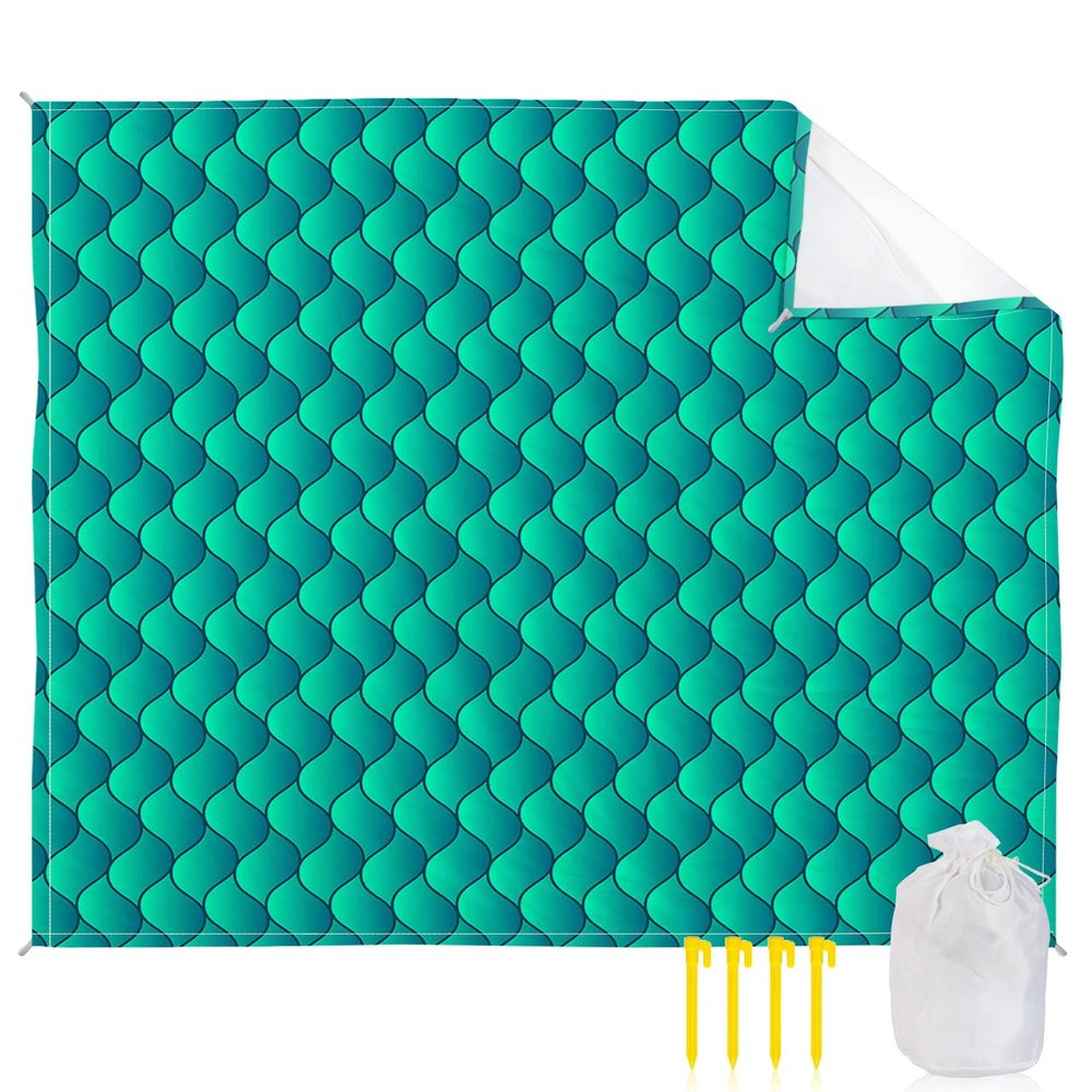 Beach Blanket Waterproof Sandproof 95x80, Summer Abstract Geometric Gradient Aqua Green Ocean Wave Oversized Beach Mat with 4 Corner Sand Pocket & 4 Stakes, Outdoor Picnic Mat for Camping Travel