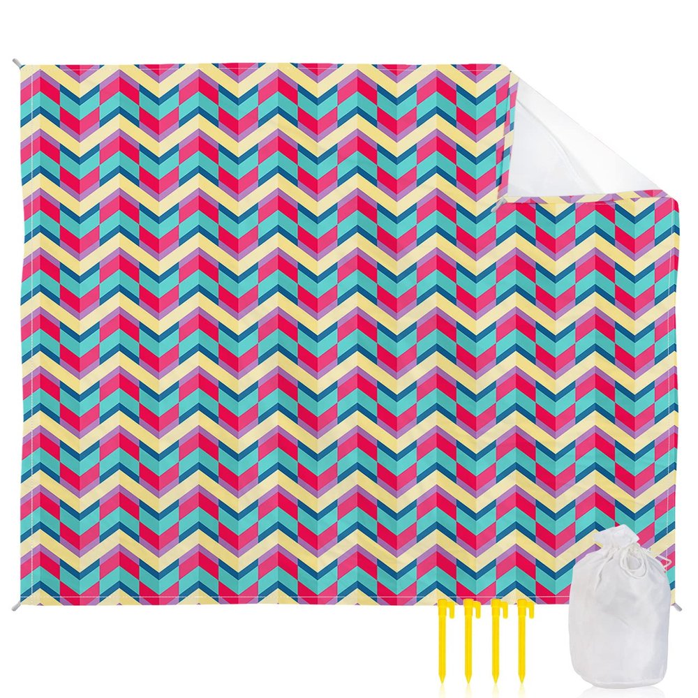 Gsypo Beach Blanket Waterproof Sandproof 84x80, Abstract Geometry Red Aqua Herringbone Pattern Oversized Beach Mat with 4 Corner Sand Pocket & 4 Stakes, Outdoor Picnic Mat for Camping Travel