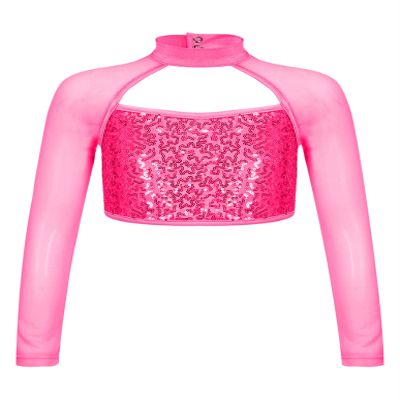 Shinsto Kids Girls Sequins Crop Tops Long Sleeve Mock Neck Jazz Hip Hop Ballet Dance Tops Dancewear Hot Pink 14 Years