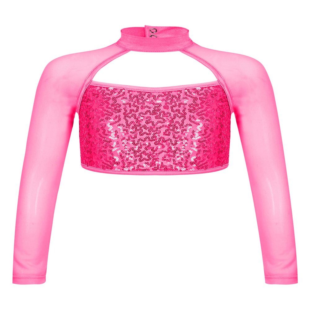 Shinsto Kids Girls Sequins Crop Tops Long Sleeve Mock Neck Jazz Hip Hop Ballet Dance Tops Dancewear Hot Pink 14 Years