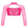 Shinsto Kids Girls Sequins Crop Tops Long Sleeve Mock Neck Jazz Hip Hop Ballet Dance Tops Dancewear Hot Pink 14 Years view 1