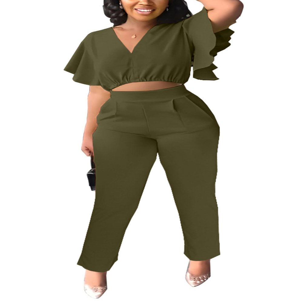 AIIYYQB Sexy Summer Two Piece Sets for Women Dressy Crop Top Elegant Vacation Brunch Pants Suit Going Out Outfit