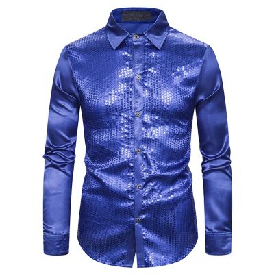 leasote Men Long Sleeve Sequin Shirt Men's Shiny Lapel Collar Club Dance Slim Fit Colorful Blue M