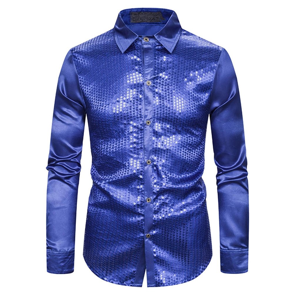 leasote Men Long Sleeve Sequin Shirt Men's Shiny Lapel Collar Club Dance Slim Fit Colorful Blue M
