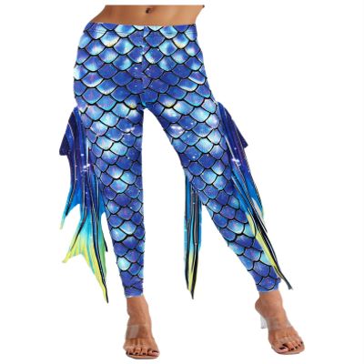 Miutii Women's Mermaid Cosplay Yoga Pants Fish Scales 3D Printed Bottoms Leggings Tight Costume Blue Small