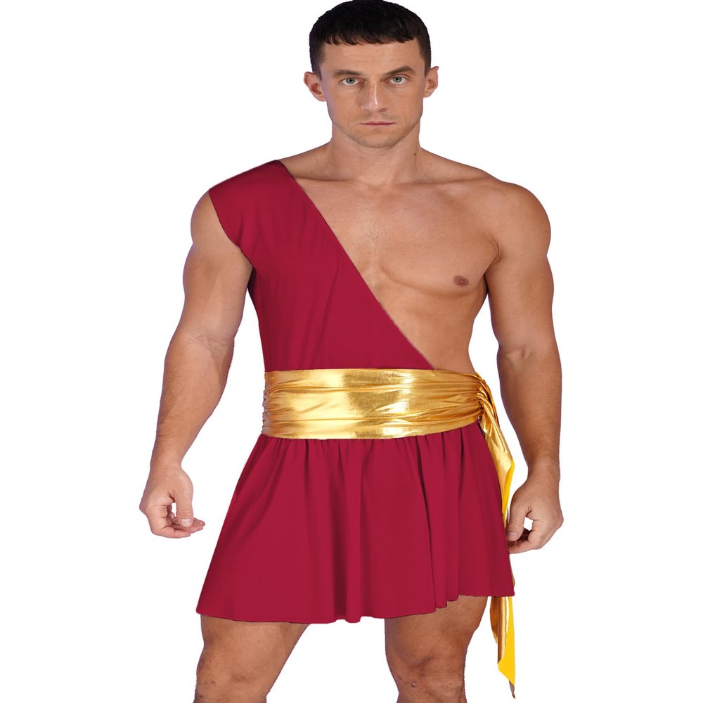 Moggemol Men's One Shoulder Ancient Greek God Lingerie Roman Spartan Knight Warrior Costume Cosplay Outfits B#Burgundy03 Large