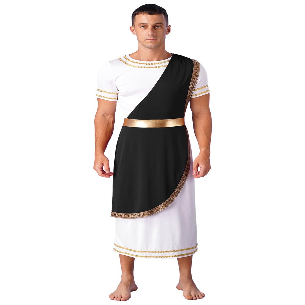 ACSUSS Mens Halloween Ancient Greek Toga Dress Up Costumes Short Sleeve Retro Gold Cosplay Roman Robe Black Small