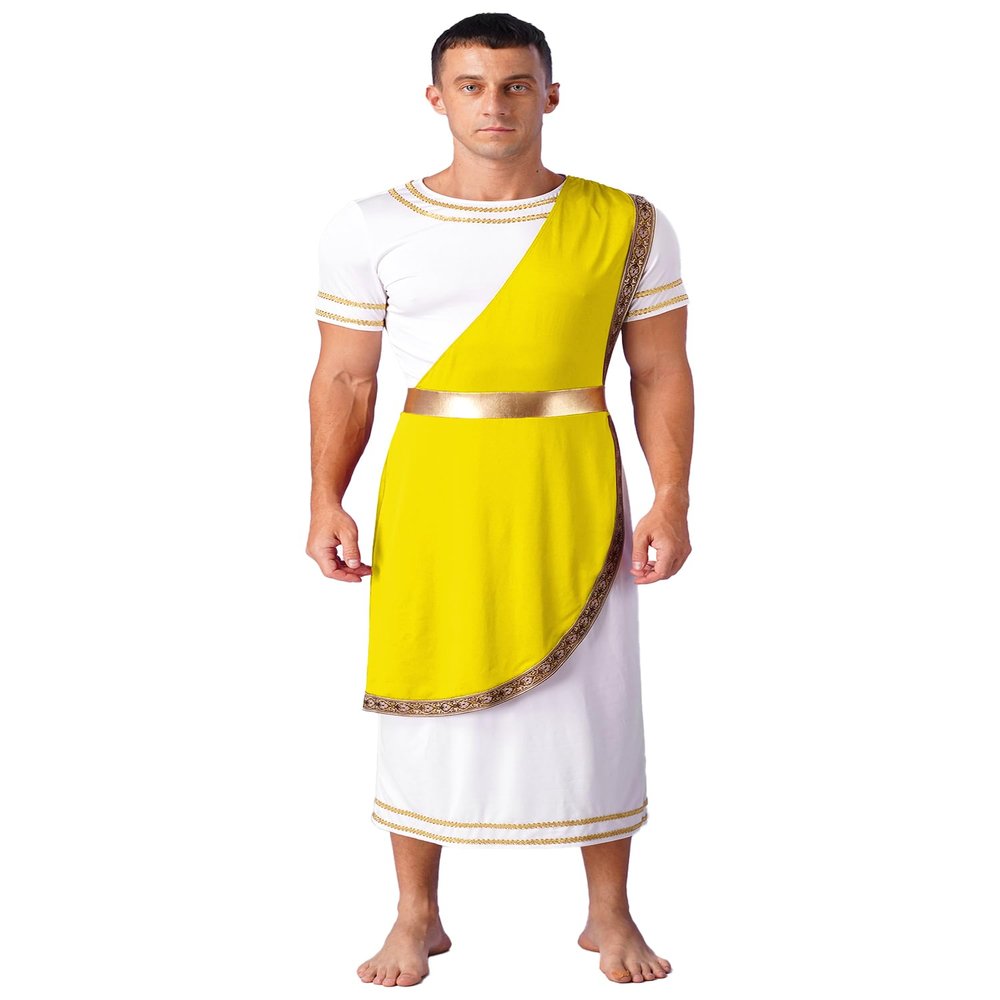 ACSUSS Mens Halloween Ancient Greek Toga Dress Up Costumes Short Sleeve Retro Gold Cosplay Roman Robe Yellow X-Large