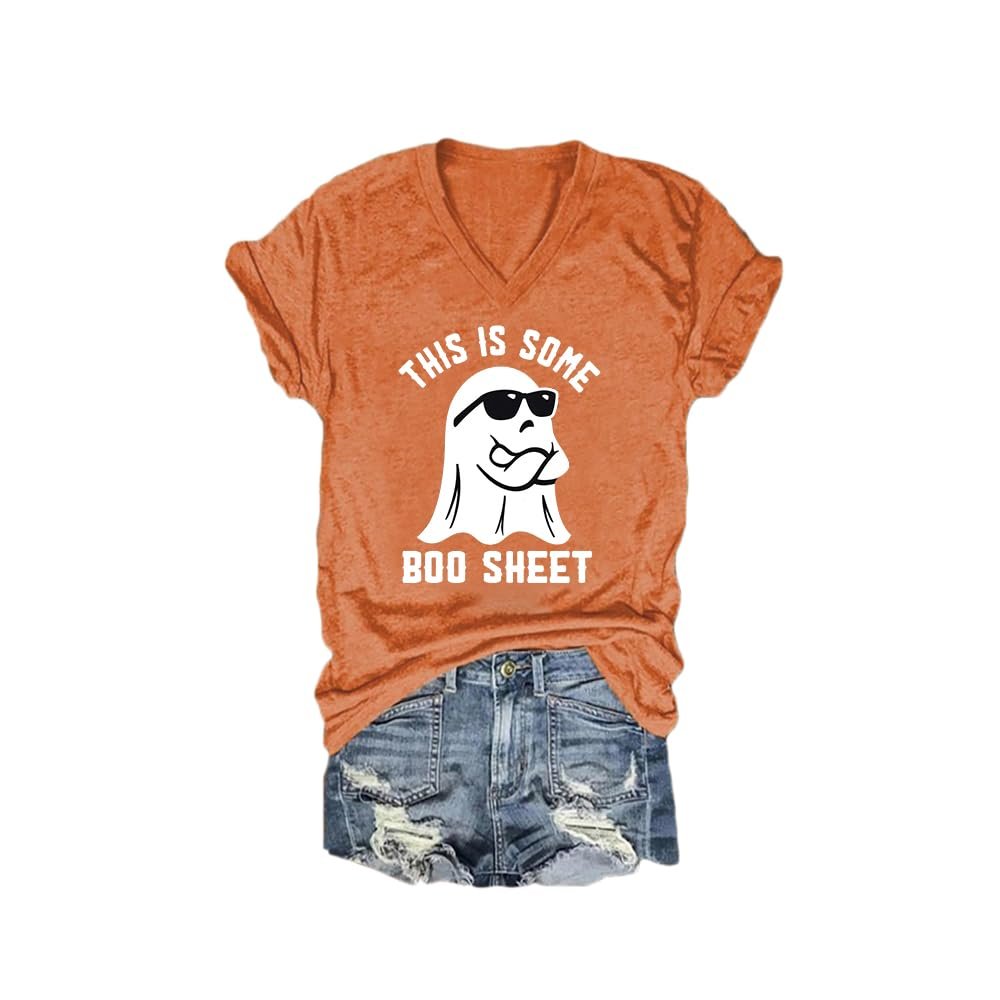 MOGUI This Is Boo Sheet Tank Top Womens Halloween Sweatshirt Boo Sweatshirt Women Fun V Neck Shirts Tops Plus Size 4Xl Orange