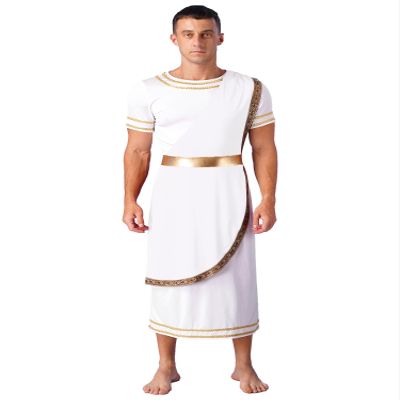ACSUSS Mens Halloween Ancient Greek Toga Dress Up Costumes Short Sleeve Retro Gold Cosplay Roman Robe White X-Large