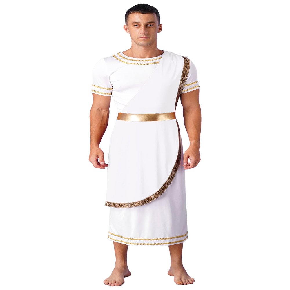 ACSUSS Mens Halloween Ancient Greek Toga Dress Up Costumes Short Sleeve Retro Gold Cosplay Roman Robe White X-Large