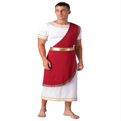 ACSUSS Mens Halloween Ancient Greek Toga Dress Up Costumes Short Sleeve Retro Gold Cosplay Roman Robe Burgundy X-Large