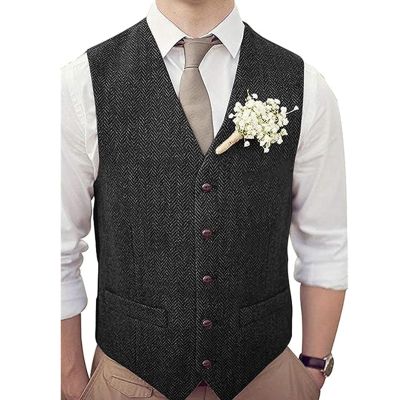 CXFOVIOVA Vests for Men V Neck Business Formal Herringbone Slim Fit Wedding Grooms Dress Suit Waistcoat (Color : Black, Size : Medium)