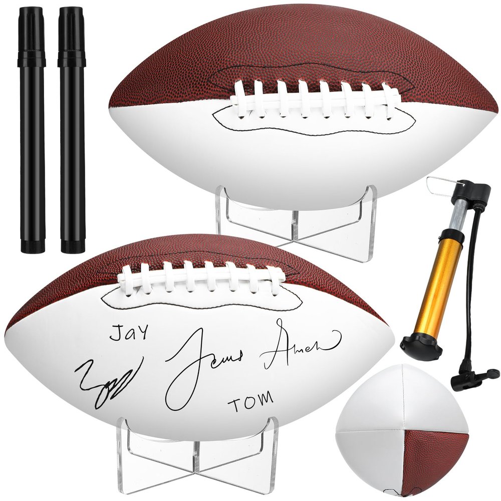 Liliful 2 Pcs Autograph Football Basketball Blank Official Size with 2 Stand 2 Signature Pen 1 Pump for Fantasy Trophy Anniversary Birthday Graduation(Size 9,3 Sides White Football)