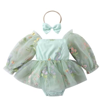 Dresses for Baby Girls 1st First Birthday Party Dress Newborn Fairy Tulle Tutu Bubble Romper Flower Embroidery Long Sleeve Bodysuit One Year Old Cake Smash Outfit Photo Shooting Sage Green 0-3M
