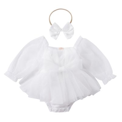 Dresses for Baby Girls 1st First Birthday Party Dress Newborn Fairy Tulle Tutu Bubble Romper Toddlers Long Sleeve Jumpsuit Bodysuit One Year Old Cake Smash Outfit Photo Shooting White 3-6 Months
