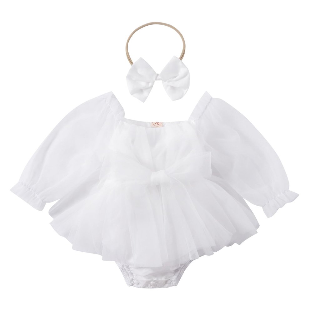 Dresses for Baby Girls 1st First Birthday Party Dress Newborn Fairy Tulle Tutu Bubble Romper Toddlers Long Sleeve Jumpsuit Bodysuit One Year Old Cake Smash Outfit Photo Shooting White 3-6 Months