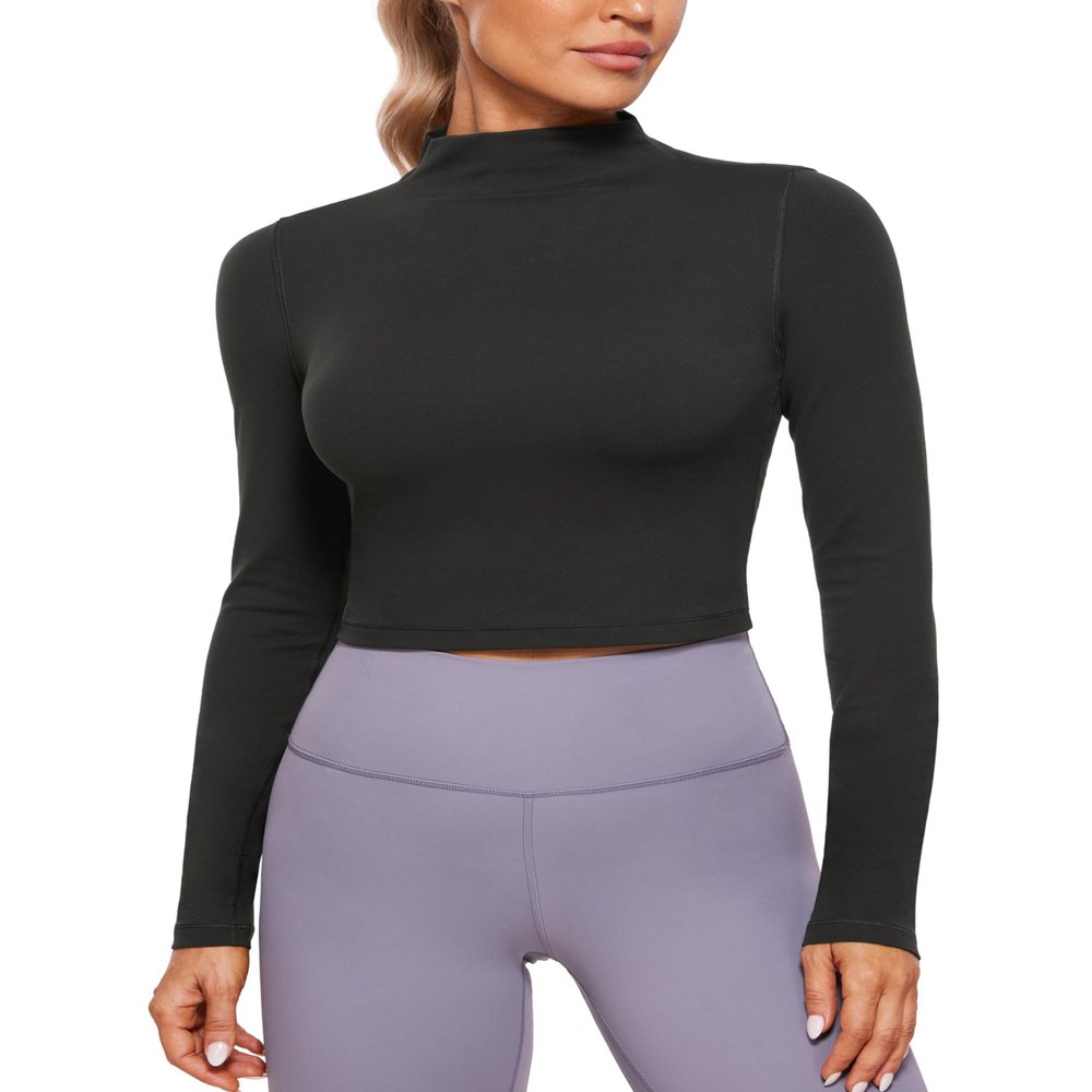 CRZ YOGA Butterluxe Mock Neck Long Sleeve Shirts for Women - Workout Casual Tops Turtleneck Crop Slim Fall Base Layer Black Medium