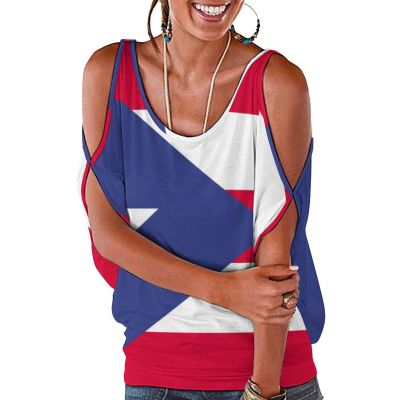 Off Shoulder T Shirts for Women Puerto Rico Flag Cold Shoulder Short Sleeve Loose Fit Summer Shirt Blouse Tops Soft XL
