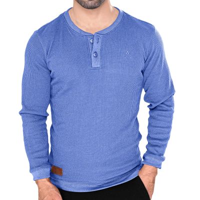 Men's Long Sleeve Waffle Thermal Shirt Top, Knitted Sweater, Sweatshirt for Men (US, Alpha, Large, Regular, Regular, Cornflower Blue, Henley)
