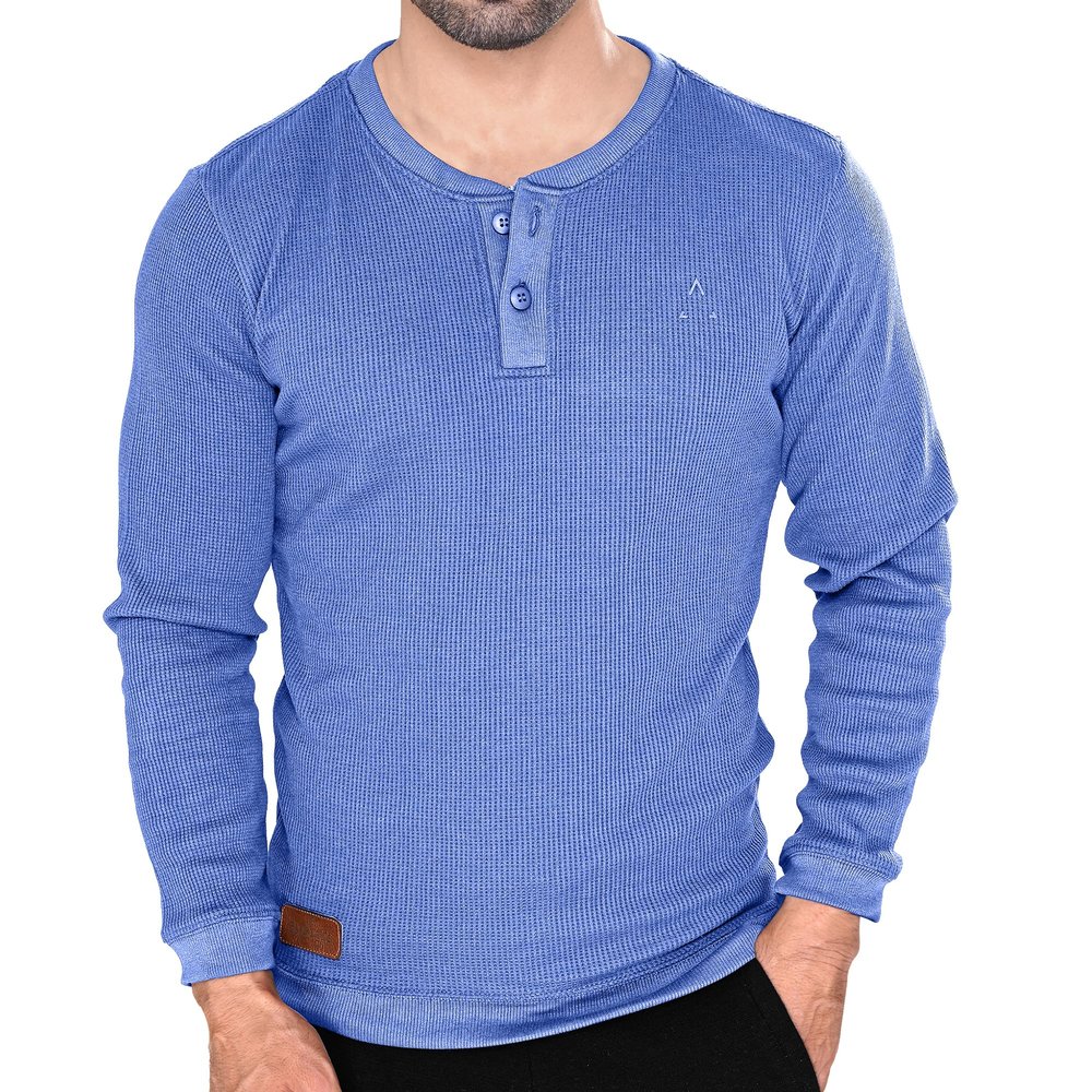 Men's Long Sleeve Waffle Thermal Shirt Top, Knitted Sweater, Sweatshirt for Men (US, Alpha, Large, Regular, Regular, Cornflower Blue, Henley)