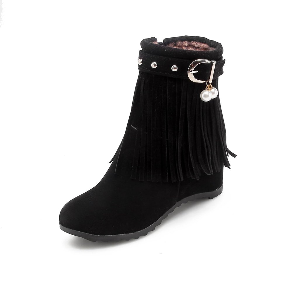 Ephirebra Women's Suede Tassel Wedge Ankle Boots Side Zipper Buckle High Top Cowgirl Boots Fashion Comfortable Non-Slip Platform Booties (black,11,11)