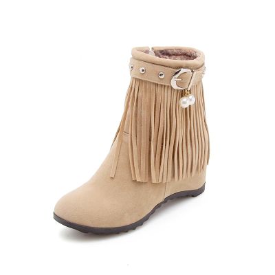 Ephirebra Women's Suede Tassel Wedge Ankle Boots Side Zipper Buckle High Top Cowgirl Boots Fashion Comfortable Non-Slip Platform Booties (khaki,10,10)