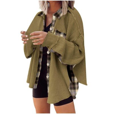 Plaid Jackets for Women Waffleknit Quilted Shacket Coats Oversized Button Down Shirts Jacket