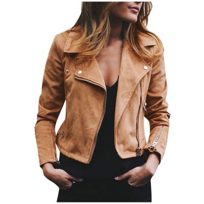 Women 2023 Fall Faux Suede Moto Biker Jacket Fashion Zipper Short Casual Coats With Pocket Open Front Cropped Outwear